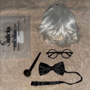Halloween Silver Wig (Man or Woman) & Black Accessories Set- glasses. Tie. Pipe.